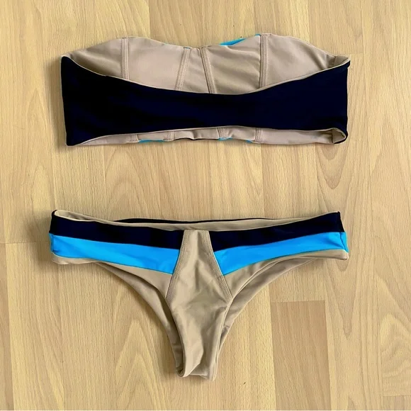Black blue beige sprinted striped bikini swim set strapless bandeau, low rise S - Picture 2 of 10